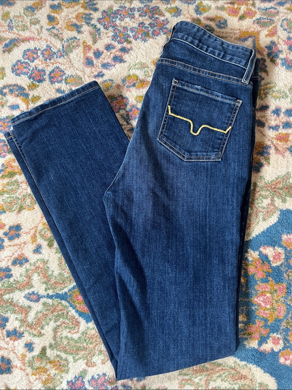 Kimes Ranch Dark Blue Straight Leg Jeans with Yellow Pocket Stitch